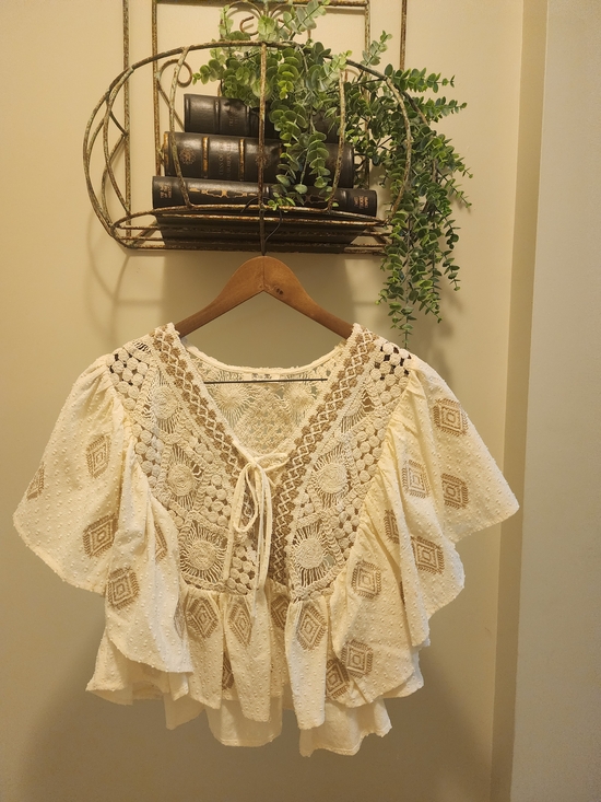 Miss Me Tops - Miss Me Cream Crochet Lace Peasant Blouse
